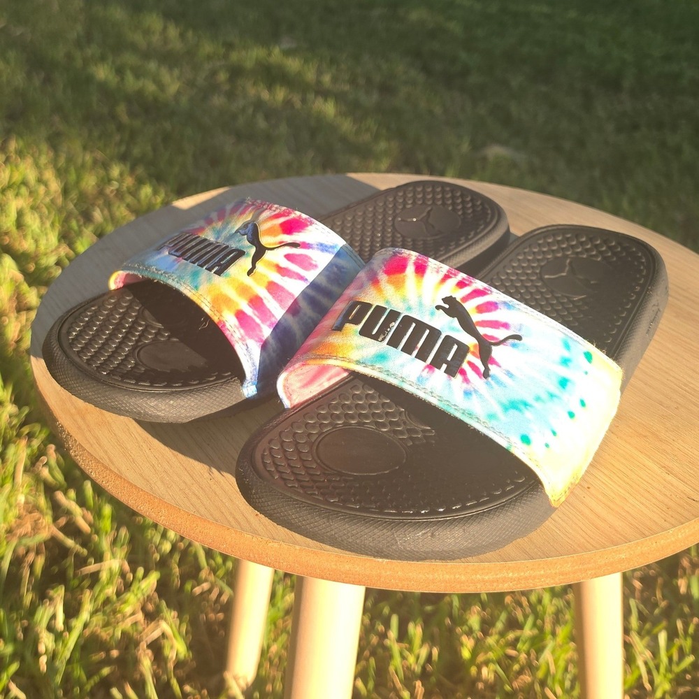 Puma Cool Cat Tie Dye Slides Black Multi Color Sandals Womens 7 Mens 5
